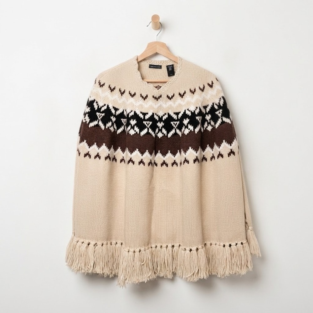 Moda International Brown & Cream Fair Isle Fringe Cape Poncho Medium Knit Layer